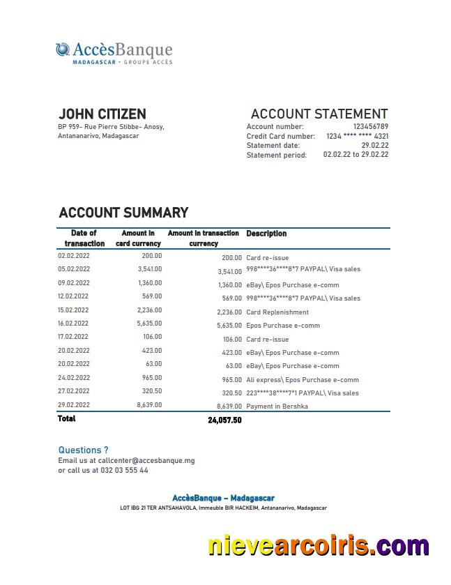 Madagascar Acces Banque bank statement xls